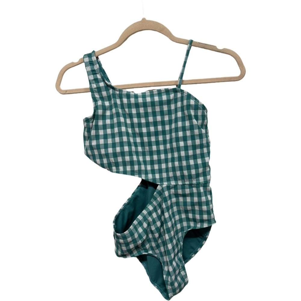 Wonder Nation Green Gingham One Shoulder Cutout One Piece Swimsuit Size L 10-12